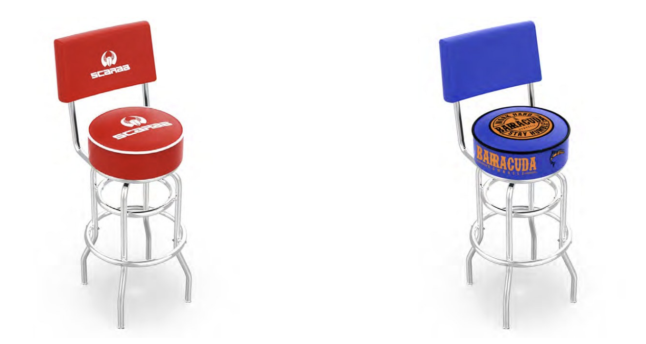 Retro double ring bar stool with printed backrest in red and blue vinyl