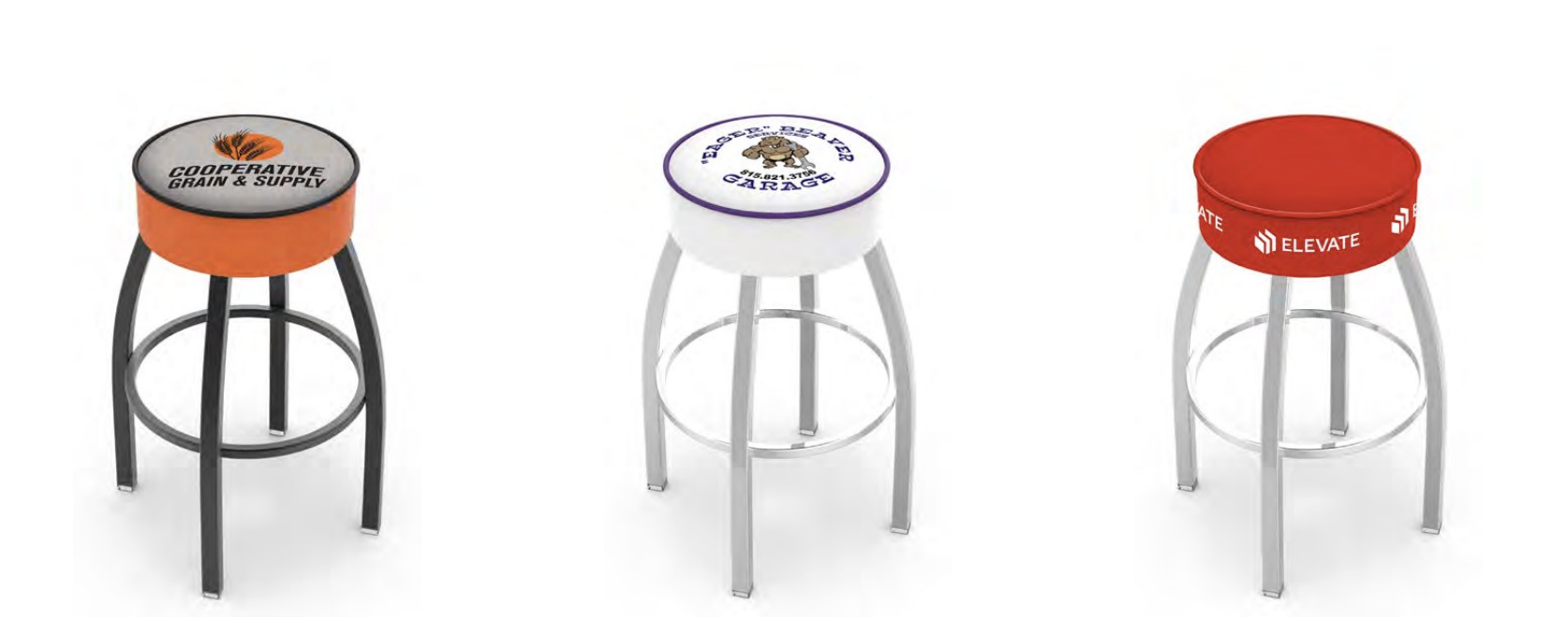 Custom logo backless bar stool with printed orange cushion top and chrome legs