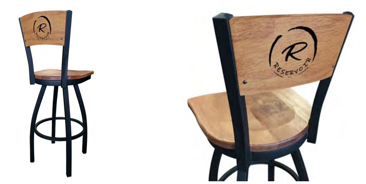Laser engraved maple back panel on a custom wood swivel bar stool