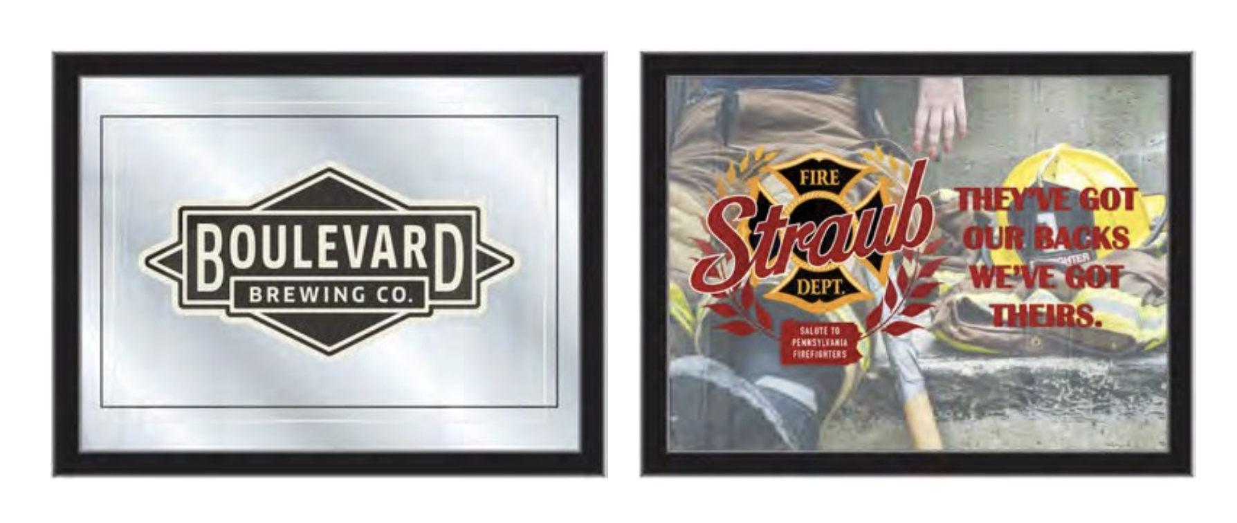 Custom branded bar mirror with black frame and digitally printed logo