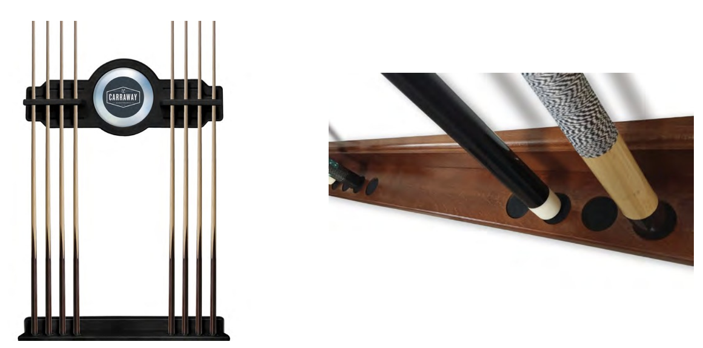 Custom logo cue rack with branded center medallion holding a full set of pool cues