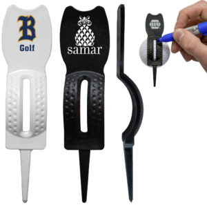 Custom golf divot tools with company logo in white and black finishes
