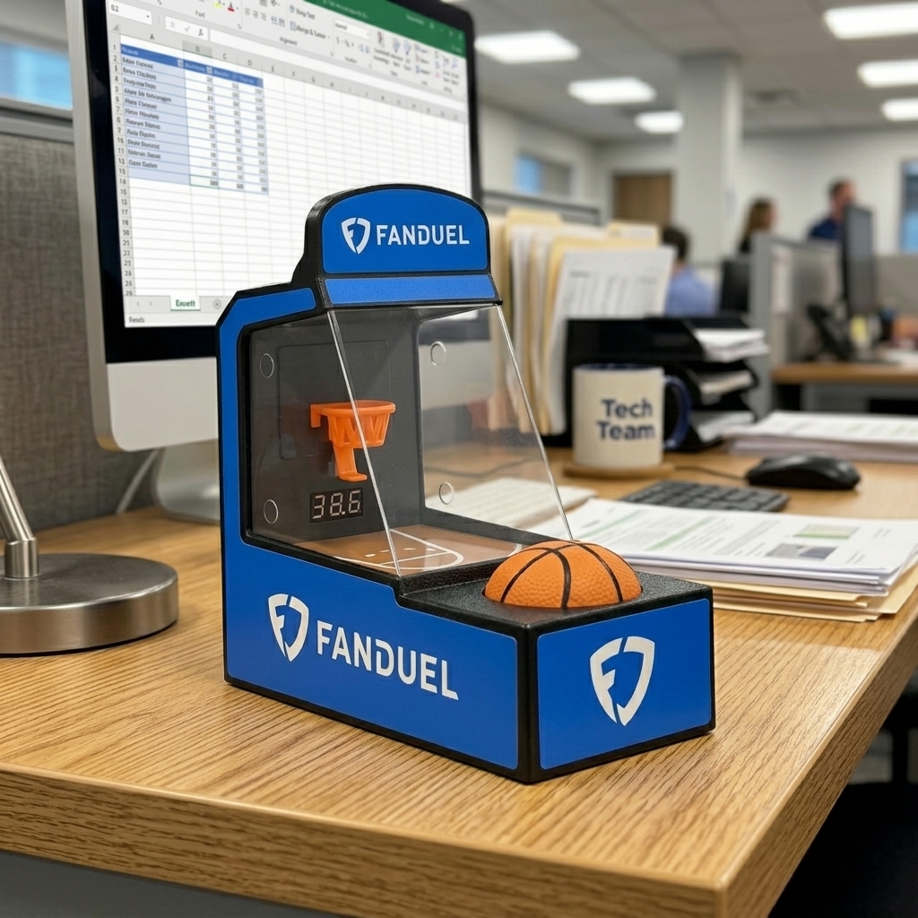 Tabletop basketball arcade game with branded backboard and hoop shown from multiple angles.
