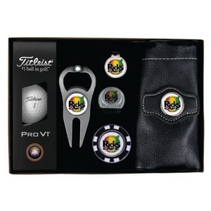 Corporate golf gift kit with custom logo golf balls, ball marker, and divot tool