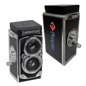 Cinemaflex retro digital camera with hand-crank recording for client gifts