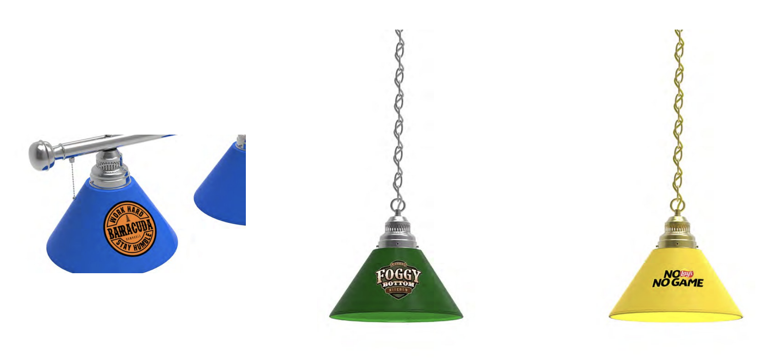 Custom branded pendant lamp shades in blue, green, and yellow hanging over a pool table