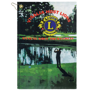 Custom golf towel in plush velour with full edge to edge sublimated design