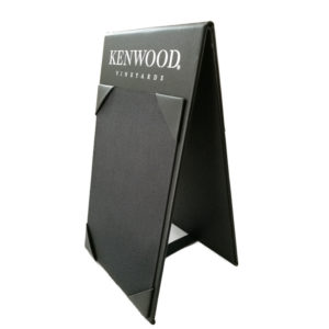 Black A-frame table top menu holder displaying a food and drink menu