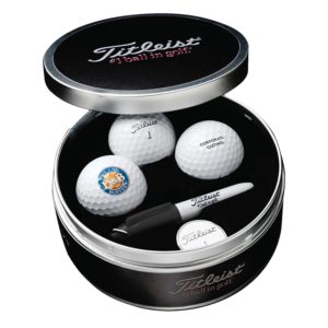 Titleist business card tin holding two custom logo Pro V1 golf balls