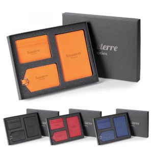 Toscano leather gift set with RFID passport holder and luggage tag in gift box
