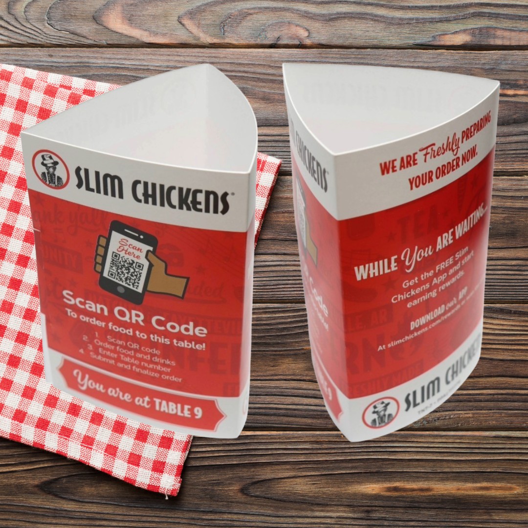 Tri-fold table tent sign with QR code for restaurant table branding