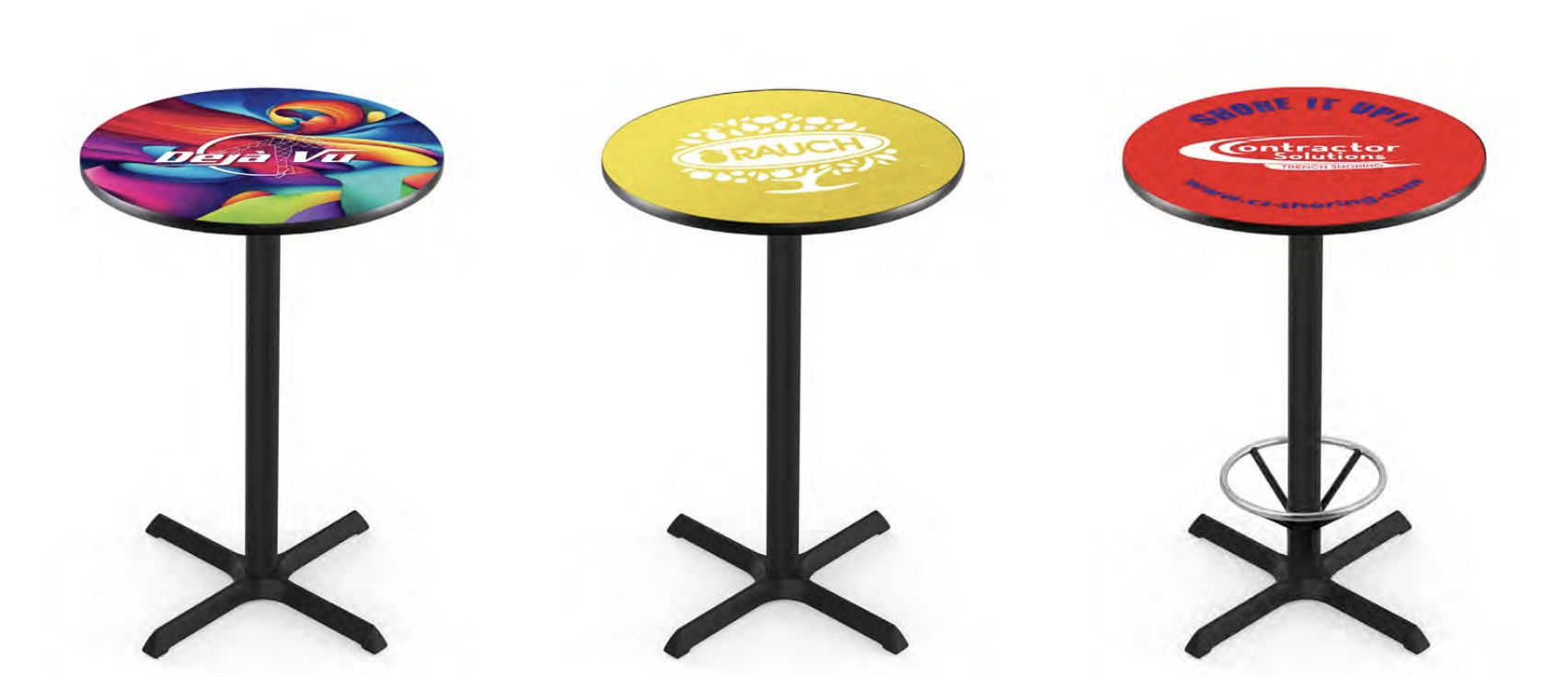 Custom logo pub table with black X base and full-color sublimated top