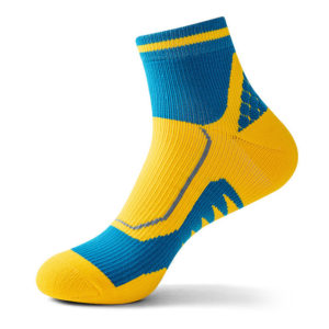 Yellow and blue ankle-height basketball socks with custom knit team logo