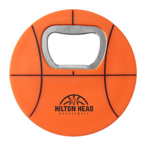 Orange and black basketball-shaped bottle opener with pad-printed brand logo