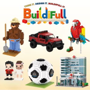 Custom building block sets shaped as a mascot, truck, parrot, soccer ball, and office