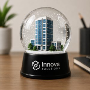 Custom resin snow globe with a mini office building inside and a logo on the base