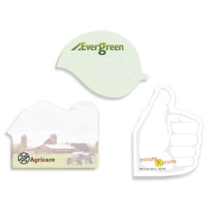 Die-cut sticky pads shaped like a leaf, a barn, and a thumbs up with printed logos