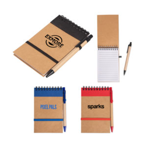 Kraft jotter notepads with black, blue, and red elastic closures and matching pens