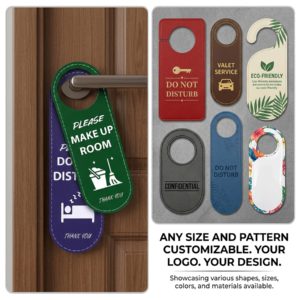 Assorted PU leather hotel door hangers with Do Not Disturb and Privacy Please icons