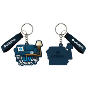 Custom shaped keychain with a nylon wristband and a full-color living room charm