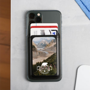 Magnetic wallet that snaps onto a phone case for card storage, perfect for bulk corporate gifts