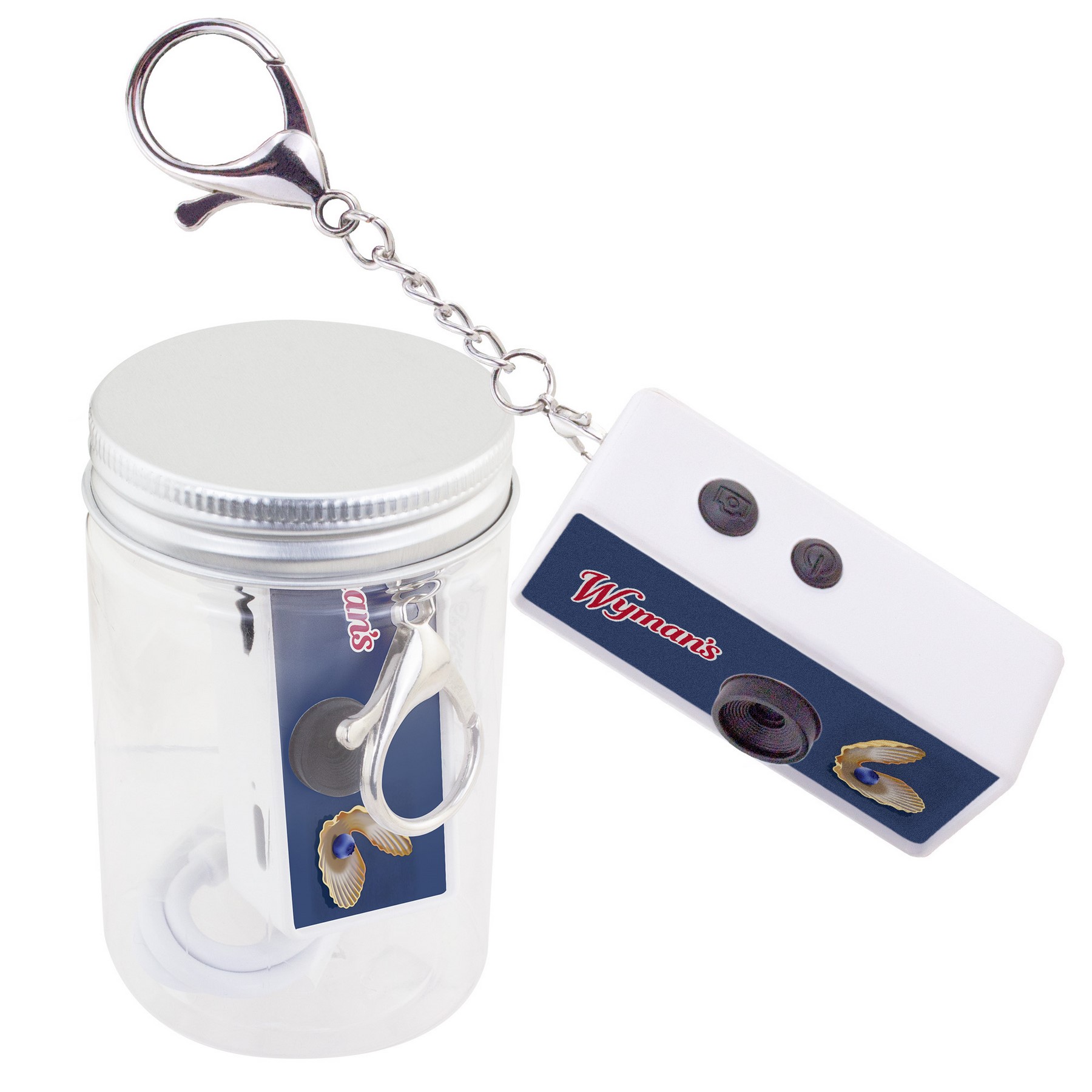 Compact keychain digital camera with a dual lens design and colorful branded wrap.