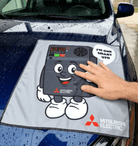 Mitsubishi Electric custom kitted sales box with plush mascot and microfiber cloths