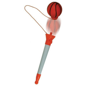 White ballpoint pen with a pop-off basketball stress reliever topper