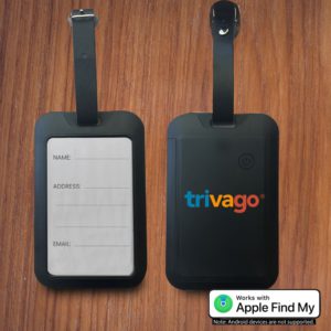 Rechargeable luggage tag with built in Find My tracking on a suitcase