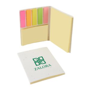 Seed card sticky notepad with a printed logo cover next to colorful sticky flags