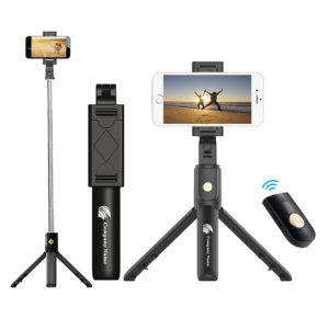 Folding Bluetooth selfie stick with tripod and wireless remote, for employee gifting
