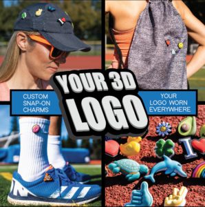 meSNAPS 3D snap-on charms with custom logo shapes clipped onto a hat and sneakers