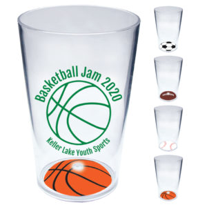 Clear crystal Styrene sports cup with a 3D basketball formed into the base