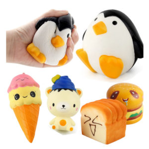 Custom shaped stress relievers in PU foam molded as a penguin, ice cream, and bread