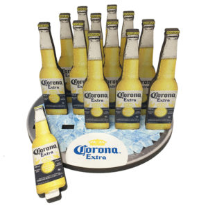 Custom table top peg game with a round board and beer bottle shaped game pieces