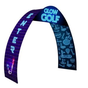 Tension fabric arch and L-shaped hanging structure for a trade show booth entrance