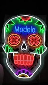 Modelo Day of the Dead neon sugar skull sign glowing as a custom LED bar wall display
