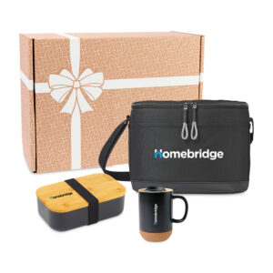 Employee welcome kit with black lunch cooler, bento box, and lidded mug in mailer box