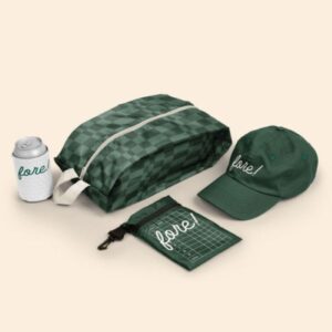 Golf Outing new hire kit with dad hat, can cooler, golf ditty bag, and ripstop tote