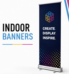 Retractable banner stand with full color graphic, a staple of trade show booth designs