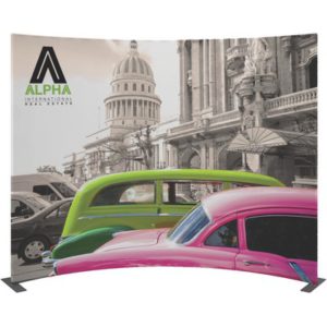 Curved fabric frame banner and straight fabric banners for a trade show booth design