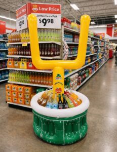 Inflatable football goalpost ice bin stocked with Novamex drinks in a store aisle