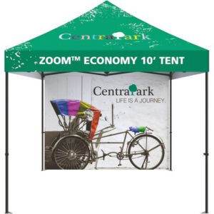 10 foot popup tent with full wall and half wall graphics for outdoor event branding