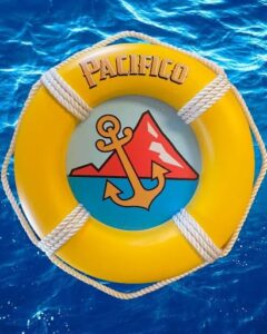 Pacifico 3D life ring wall sign made of layered PVC with real nautical rope trim