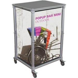 Portable popup bar with custom fabric graphics used as a trade show sampling counter
