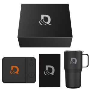 Onboarding kit with charging mousepad, 22 oz tumbler, and journal in a black gift box