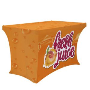 Dye sublimated table runner and stretch table throw with logo for trade show tables