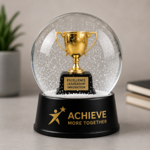 Promotional snow globe with a gold trophy figure inside and a black branded base