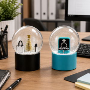 Two small custom snow globes with a shopping bag and a ring box scene inside