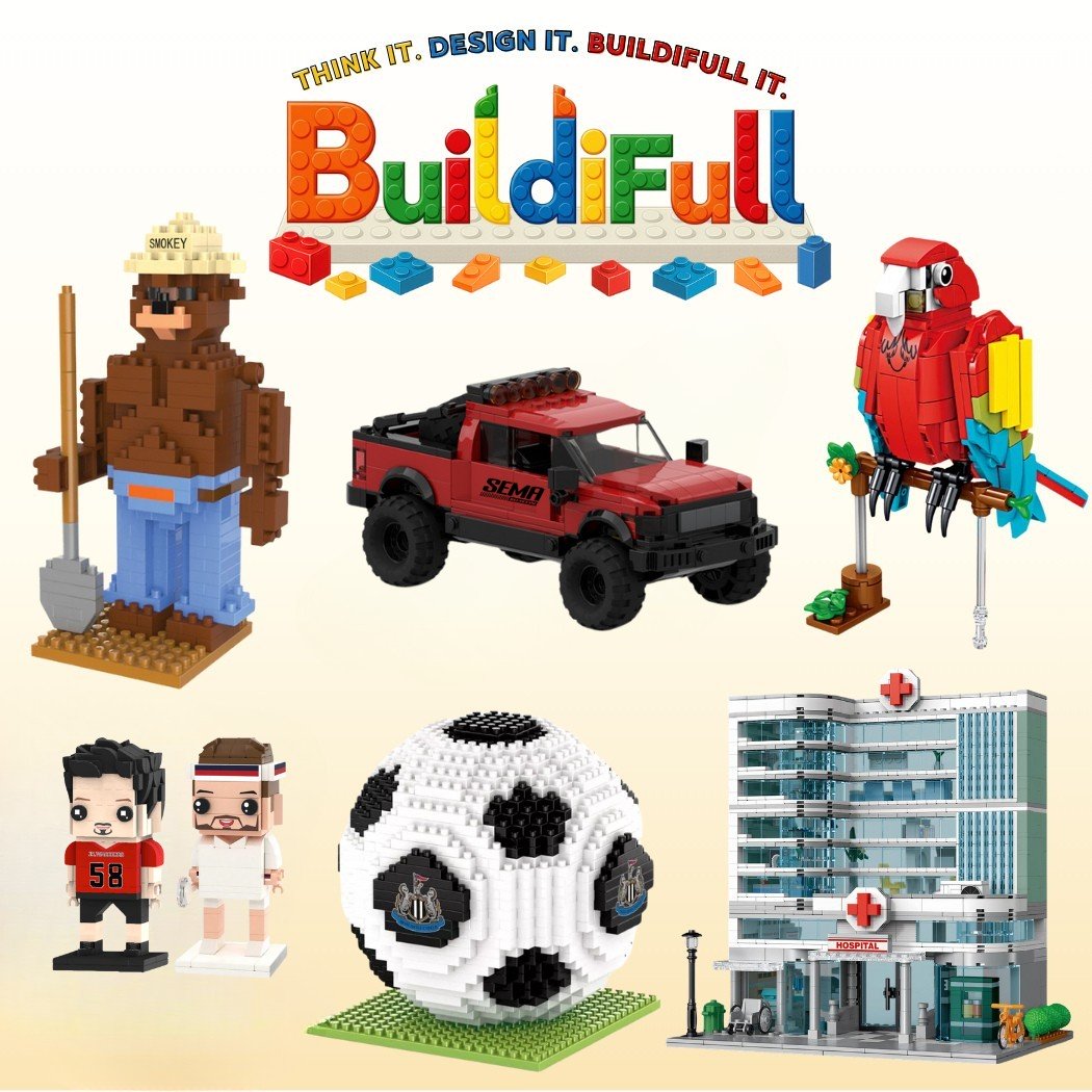 Colorful custom building block figures including a bear, red truck, parrot, soccer ball, and hospital on a cream background.